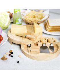 Queso de madera redondo Juego de servicio de tabla y queso Juego de queso Plato Queso Plato de madera y 4 piezas de cubiertos