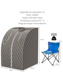  Sauna de Vapor Portátil 3 L con Mando Temporizador Temperatura Regulables y Función Atomización Gris 78 x 87 x 101 cm
