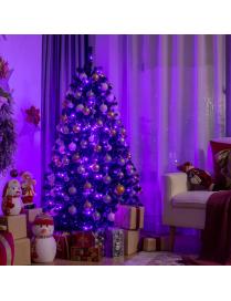  150 cm Árbol de Navidad Decorativo de Bisagra Árbol Artificial de Halloween con Luces Led Violetas Base Plegable de Metal Negr
