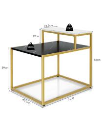  Mesita Auxiliar con 2 Niveles y Falso Mármol Mesita de Noche con Repisa Mesita Lateral Forma de Escalera Blanco 61 x 45,5 x 56