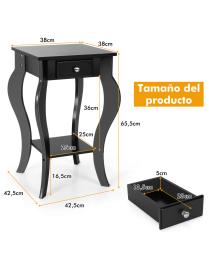  Mesita Auxiliar Mesa de Noche con Cajón Repisa Estructura de Madera Mesita de Sofá para Dormitorio Salón Negro 42,5 x 42,5 x 6