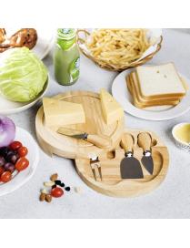  Queso de madera redondo Juego de servicio de tabla y queso Juego de queso Plato Queso Plato de madera y 4 piezas de cubiertos