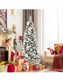  180 cm Árbol de Navidad Artificial Nevado Fino con 354 Bayas Blancas y Estrellas de Navidad Base de Metal Plegable